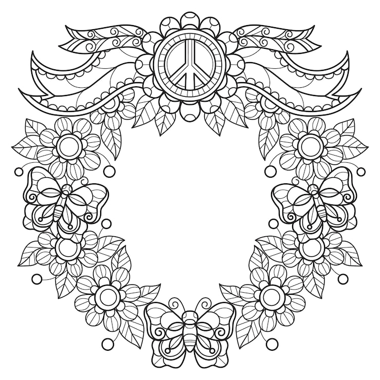 Vetor coroa de flores da paz desenhada à mão para livro de colorir adulto