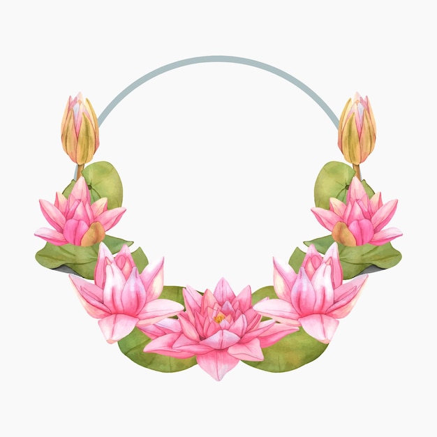 Vetor coroa de flores de lótus ilustração de aquarela vetorial de lírio de água rosa tropical e folhas verdes em fundo isolado modelo para cartão de convite floral de casamento pacote cosmético