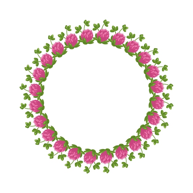 Coroa de flores de trevo rosa quadro redondo bonito planta brilhante com folhas de trevo decorações festivas para cartaz de cartão postal de férias de casamento e design ilustração plana vetorial