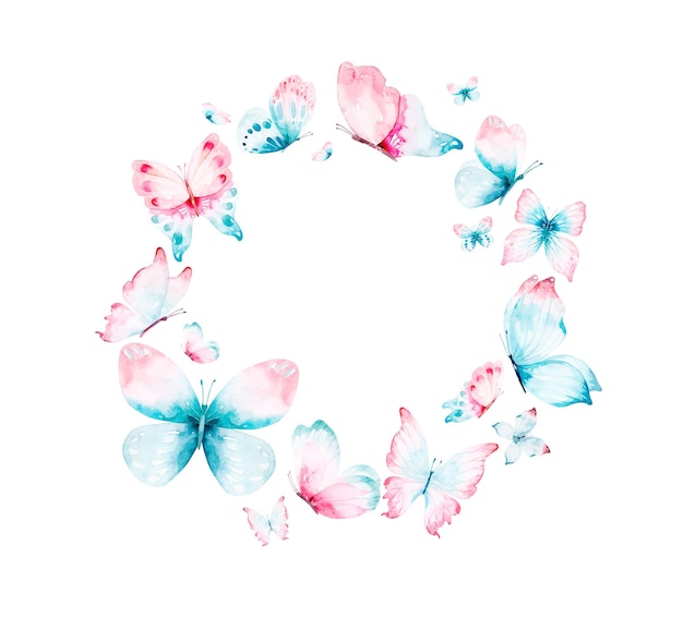 Coroa de flores em aquarela de borboletas azuis voadoras