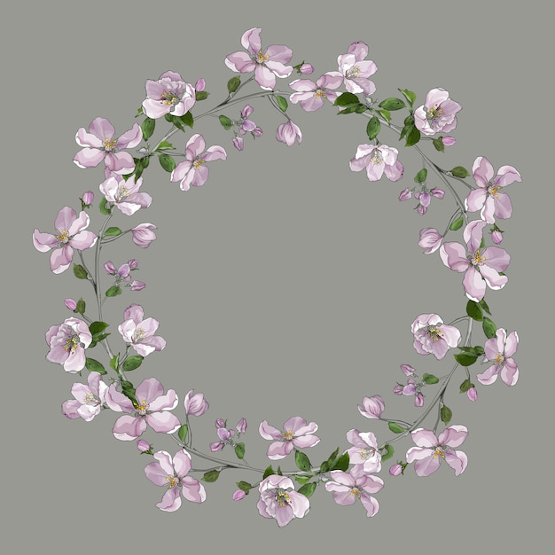 Coroa de flores em flor de maçã e folhas.