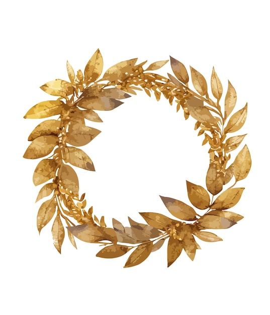 Coroa de folhas douradas em aquarela com círculo dourado sobre fundo branco