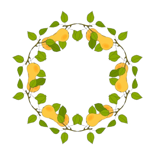 Coroa de galhos com pêra, desenhada à mão, moldura redonda com galhos, folhas e frutas. isolado