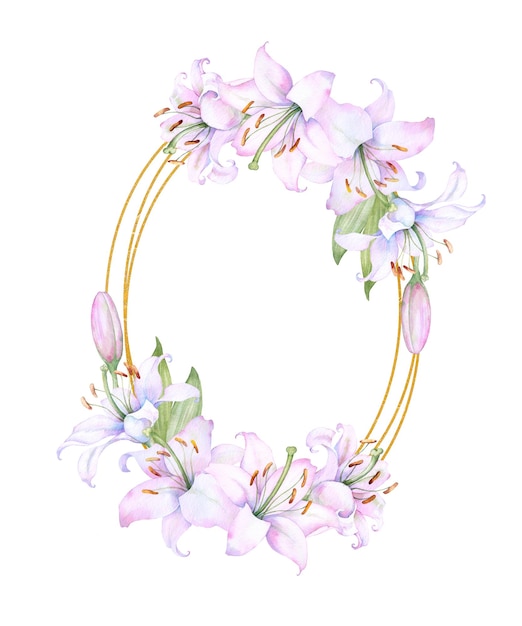 Coroa de moldura de ouro redonda com ilustração de aquarela de flores de lírio branco e rosa isolado em branco