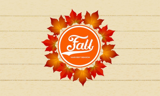 Coroa de outono vetorial com círculo de folhas caindo em fundo de madeira
