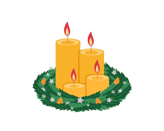 Coroa do advento com quatro velas amarelas acesas e decoração