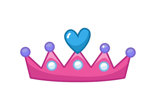 Vetor coroa rosa com um coração azul e pérolas tiara da princesa ilustração vetorial de acessório em desenho animado