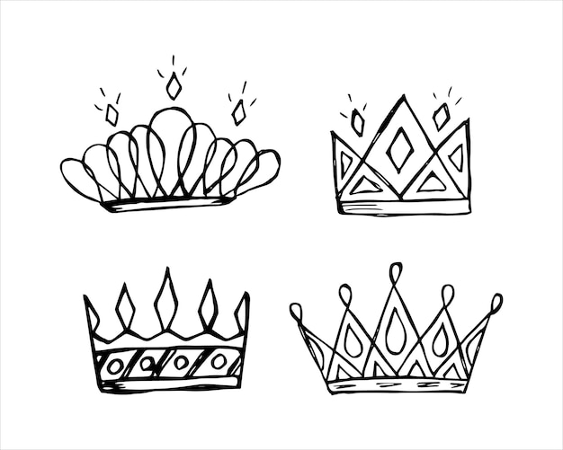 Vetor coroas reais luxuosas desenhadas à mão em estilo doodle ou esboço um rascunho da coroa