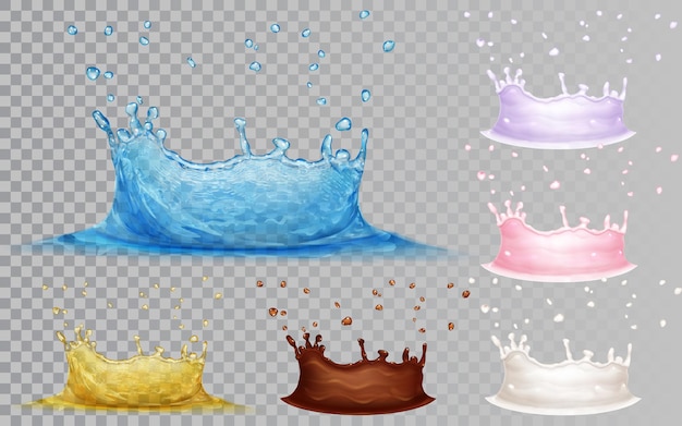 Coroas transparentes de água azul clara e óleo amarelo. Coroas opacas de leite, chocolate e iogurte com gotas. Coroa de água, isolada em fundo transparente. Transparência apenas em arquivo vetorial