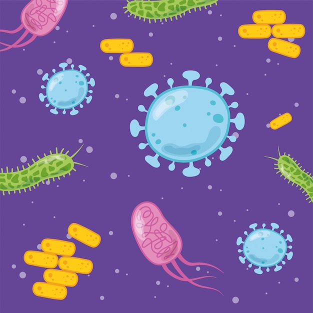 Vetor coronavírus e fundo de vírus com bactérias causadoras de células relacionadas