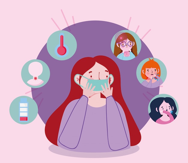 coronavírus, mulher com prevenção e sintomas de máscara médica