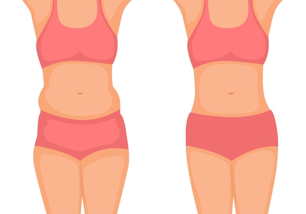 Corpo de mulher jovem antes e depois da perda de peso mostrando de gordura para o conceito de gordura da barriga magra