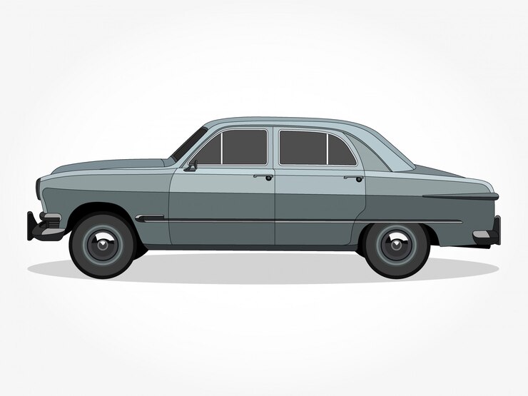 Vetor corpo detalhado e jantes de uma ilustração de desenhos animados de carro clássico colorido liso com traço preto e efeito de sombra