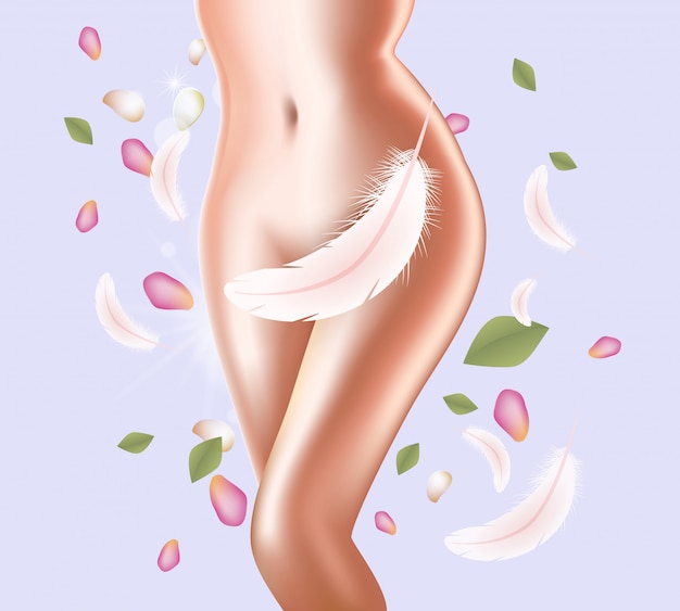 Corpo feminino com penas cobrindo área íntima