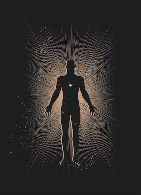 Vetor corpo humano e alma ou sabedoria ou conceito de religião estado de iluminação o homem encontra o poder eterno da mente psíquica da meditação vector eps 10 illustration