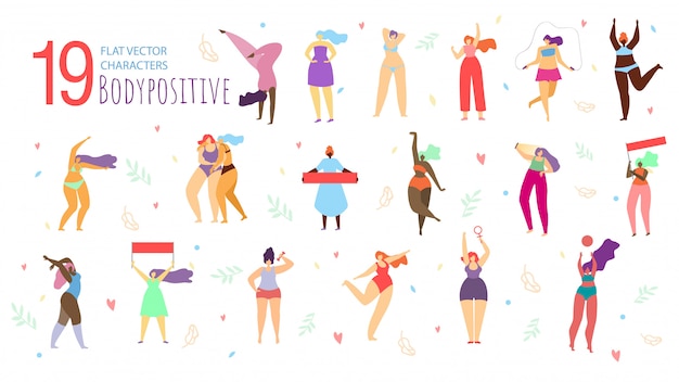 Corpo positivo mulheres caracteres plana vector set