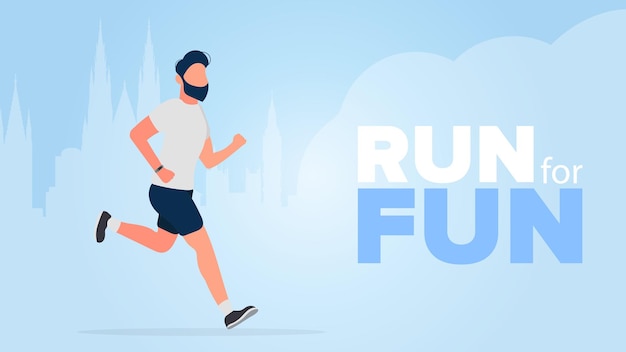 Corra para se divertir. O cara está correndo. Um homem de short e camiseta corre. Vetor.