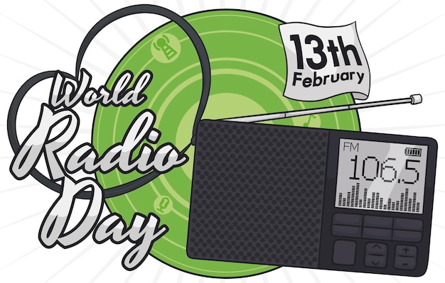 Vetor correa como um coração e rádio compacto com ecrã digital pronto para o dia mundial do rádio em fevereiro.