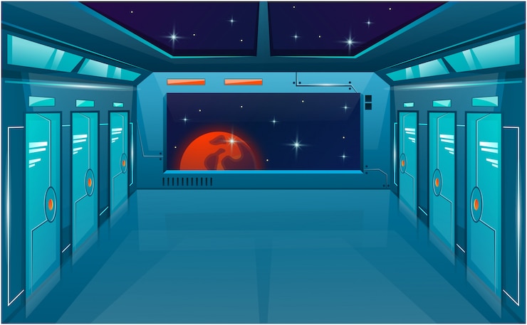 Vetor corredor da nave espacial com portas fechadas e grande janela ou janela de visualização.