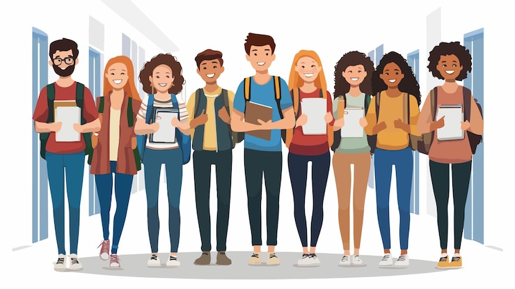 Vetor corredor de estudantes sorridos de grupos diversos