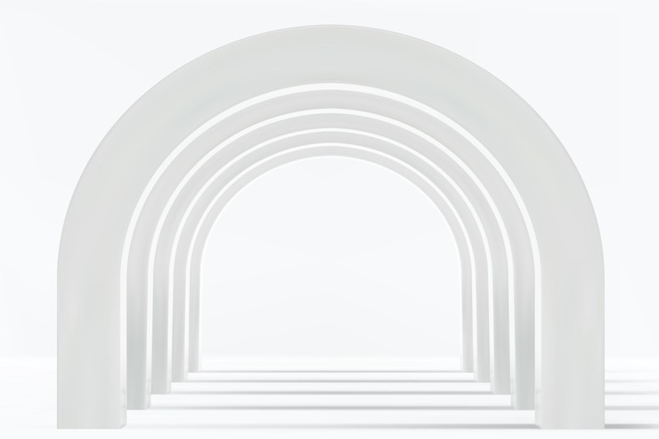 Vetor corredor vazio de vários arcos redondos brancos em perspectiva com piso branco e sombras fundo mínimo arquitetura abstrata ilustração em vetor de arcada dentro do interior