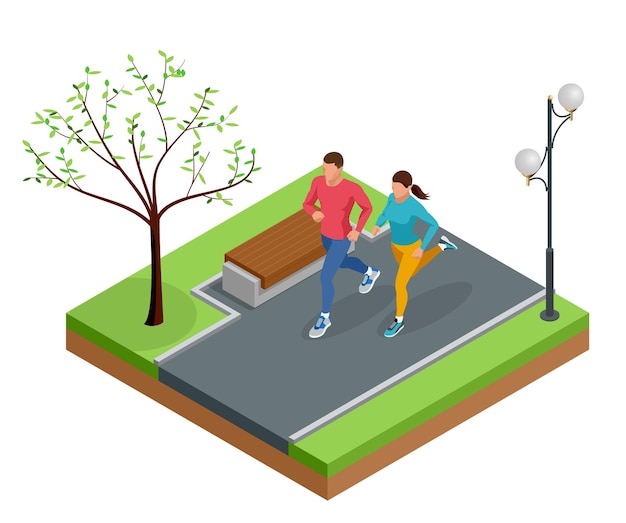 Corredores isométricos jovem e homem correndo em um parque da cidade. Pessoas esportivas treinando em uma área urbana, estilo de vida saudável e conceitos esportivos. Mola. Ilustração vetorial