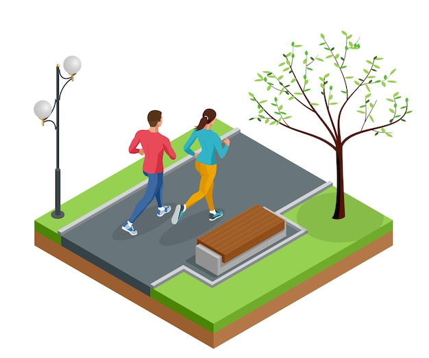 Corredores isométricos jovem e homem correndo em um parque da cidade. Pessoas esportivas treinando em uma área urbana, estilo de vida saudável e conceitos esportivos. Mola. Ilustração vetorial