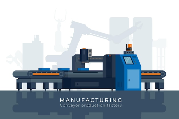 Correia transportadora industrial de fabricação, processamento de produto automático robótico. equipamento técnico eletrônico de fábrica de produção de transportador, sistema robótico, conceito de vetor plano de tecnologia de otimização