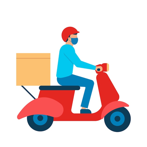 Correio de scooter com caixa de mercadorias, entregador com máscara respiratória. serviço de entrega online, entrega ao domicílio. ilustração