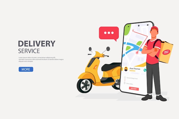 Correio de serviço de entrega de comida e transporte de scooter com um smartphone móvel