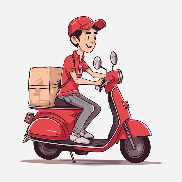 Correio de uniforme vermelho na ilustração em vetor de serviço de entrega de scooter