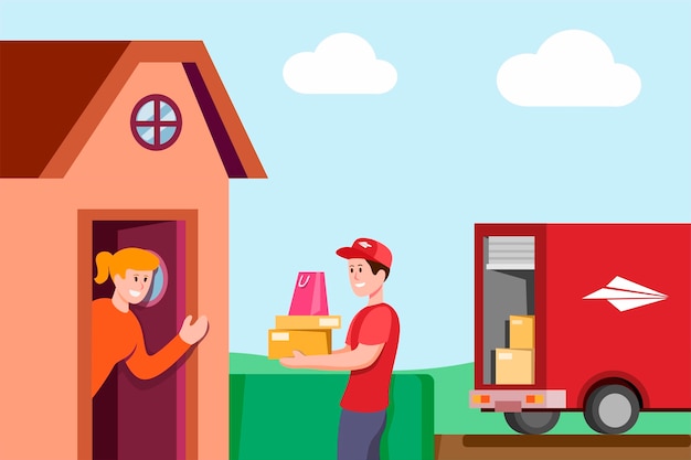 Correio entregar pacote ao cliente na vila natal com caminhão, serviço expresso de entrega de correio conceito expresso na ilustração plana dos desenhos animados