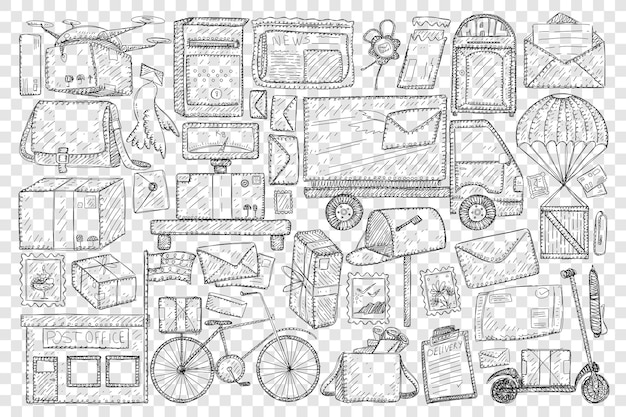 Correios e envio de cartas doodle conjunto de ilustração