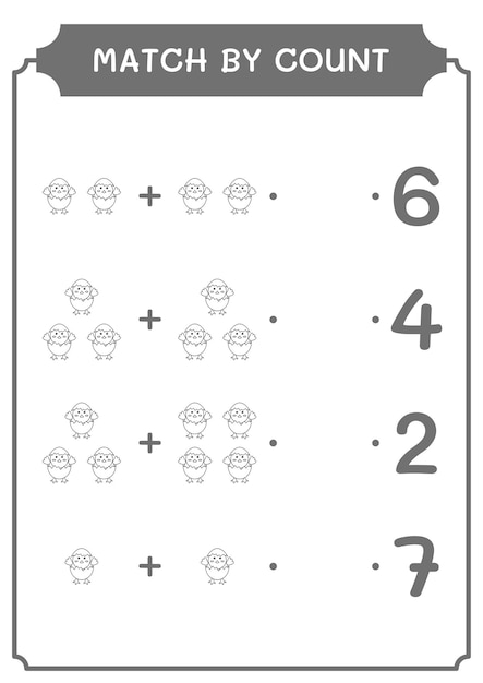 Correspondência por contagem de jogo Chick para crianças Planilha imprimível de ilustração vetorial