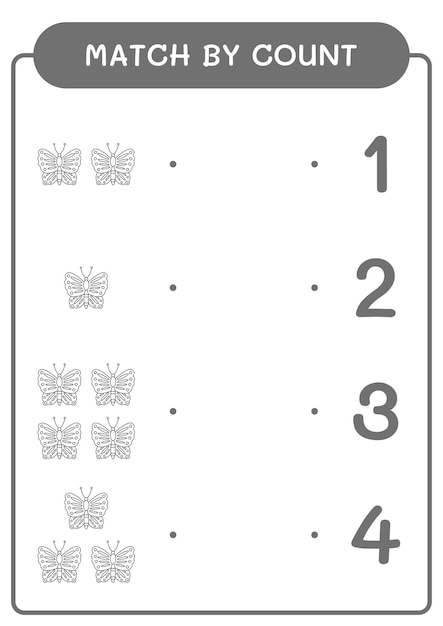 Correspondência por contagem de jogo de borboleta para crianças Planilha imprimível de ilustração vetorial