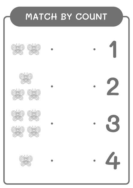 Correspondência por contagem de jogo de borboleta para crianças Planilha imprimível de ilustração vetorial