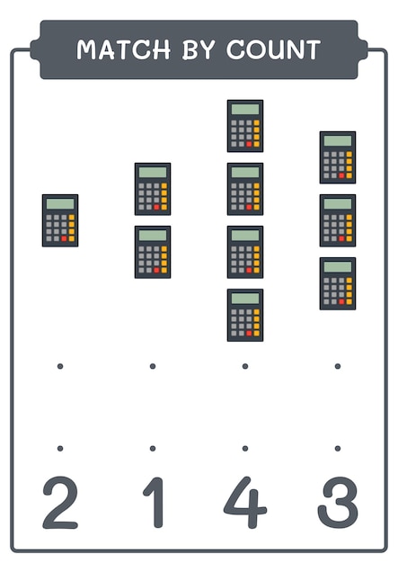 Correspondência por contagem de jogo de calculadora para crianças planilha imprimível de ilustração vetorial