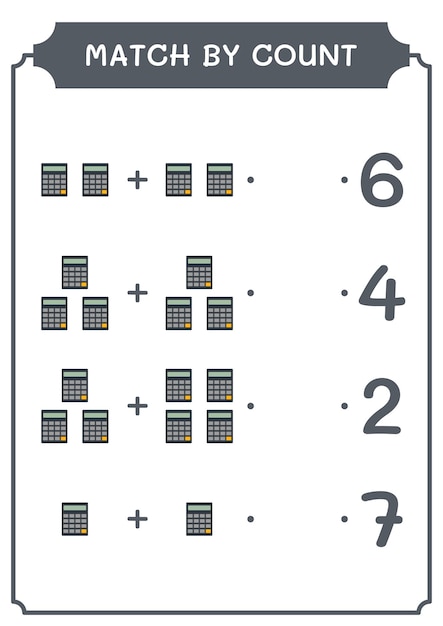 Correspondência por contagem de jogo de calculadora para crianças planilha imprimível de ilustração vetorial