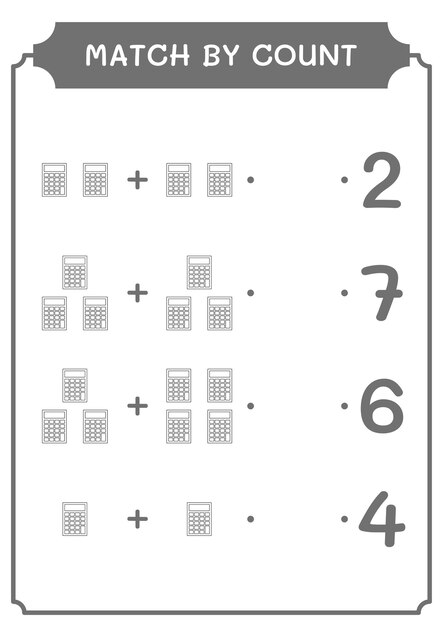 Correspondência por contagem de jogo de calculadora para crianças planilha imprimível de ilustração vetorial