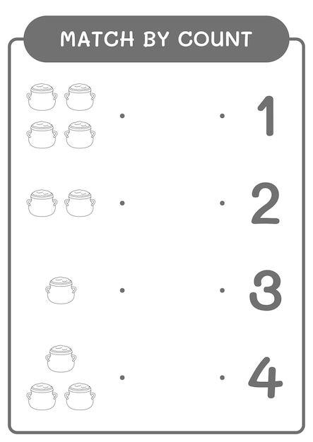 Correspondência por contagem de jogo de caldeirão para crianças planilha imprimível de ilustração vetorial