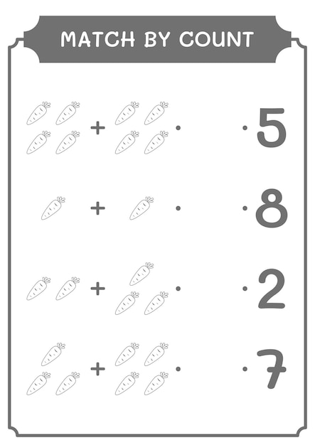 Correspondência por contagem de jogo de cenoura para crianças Planilha imprimível de ilustração vetorial
