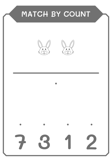 Correspondência por contagem de jogo de coelho para crianças planilha imprimível de ilustração vetorial