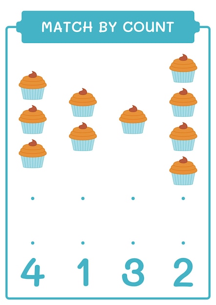 Correspondência por contagem de jogo de cupcake para crianças planilha imprimível de ilustração vetorial