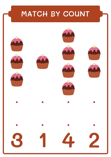 Correspondência por contagem de jogo de cupcake para crianças planilha imprimível de ilustração vetorial