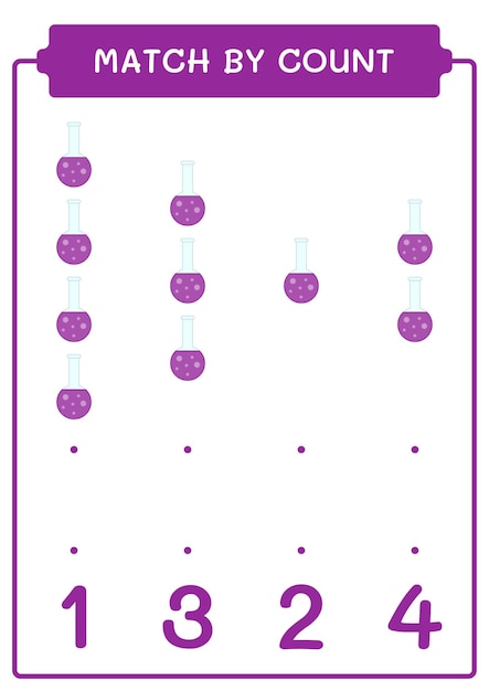 Correspondência por contagem de jogo de frasco de química para crianças planilha imprimível de ilustração vetorial