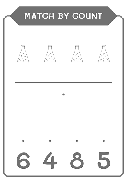 Correspondência por contagem de jogo de frasco de química para crianças planilha imprimível de ilustração vetorial