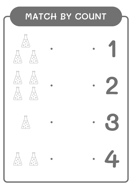 Correspondência por contagem de jogo de frasco de química para crianças planilha imprimível de ilustração vetorial