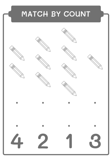 Correspondência por contagem de jogo de lápis para crianças planilha imprimível de ilustração vetorial
