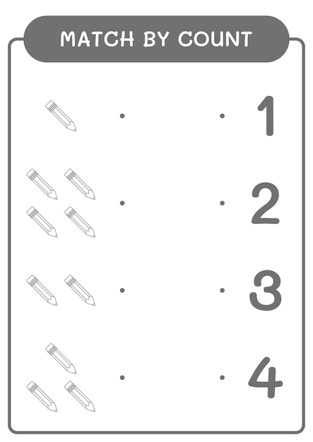 Correspondência por contagem de jogo de lápis para crianças planilha imprimível de ilustração vetorial