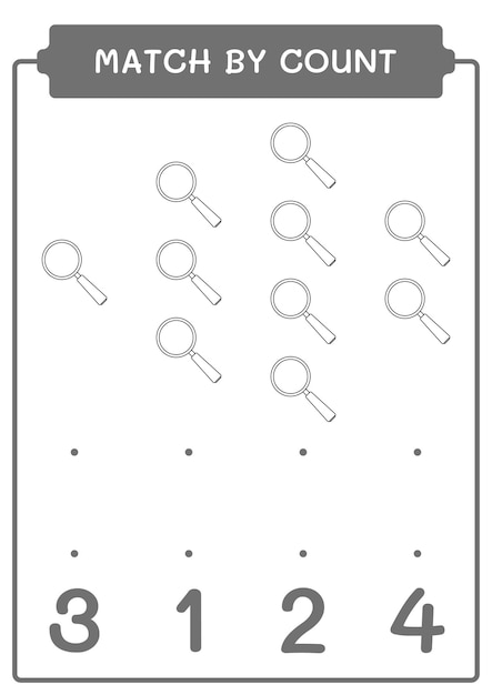 Correspondência por contagem de jogo de lupa para crianças planilha imprimível de ilustração vetorial